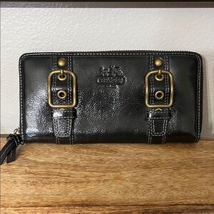 Patent Pebbled Leather Zoe Coach classic zip around wallet buckle accents